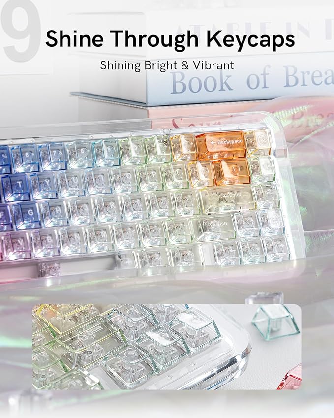 Keymatic Cherry Profile PC Transparent Keycaps, 123 Keys Dye-Sublimation Custom Keyboard Keycaps Shine Through Cute Rainbow Key Cap Set for Cherry MX Swithes Mechanical Keyboard(Only Keycap Set)