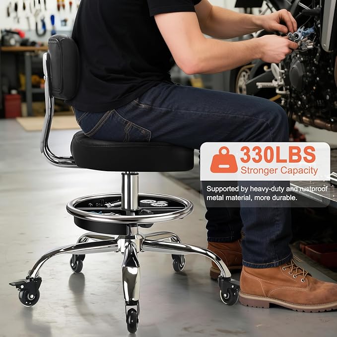 Garage Mechanic Stool with Backrest, Height Adjustable Heavy Duty Swivel Task Chair, Rolling Workshop Stool with Tool Tray Storage, Mechanic Chair for Garage, Shop, Auto Repair (Black)