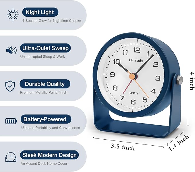 Lamisola 3.5 Inch Small Desk Battery Clock, Alarm Clock for Bedroom, Blue | Travel Clock for Bathroom Table Shelf Bedside, Cute Metal Vintage