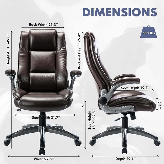 MALOL Leather Executive Office Chair - High Back Home Computer Desk Chair with Padded Flip-up Arms, Adjustable Tilt Lock, Swivel Rolling Ergonomic Chair for Adult Working Study, Brown
