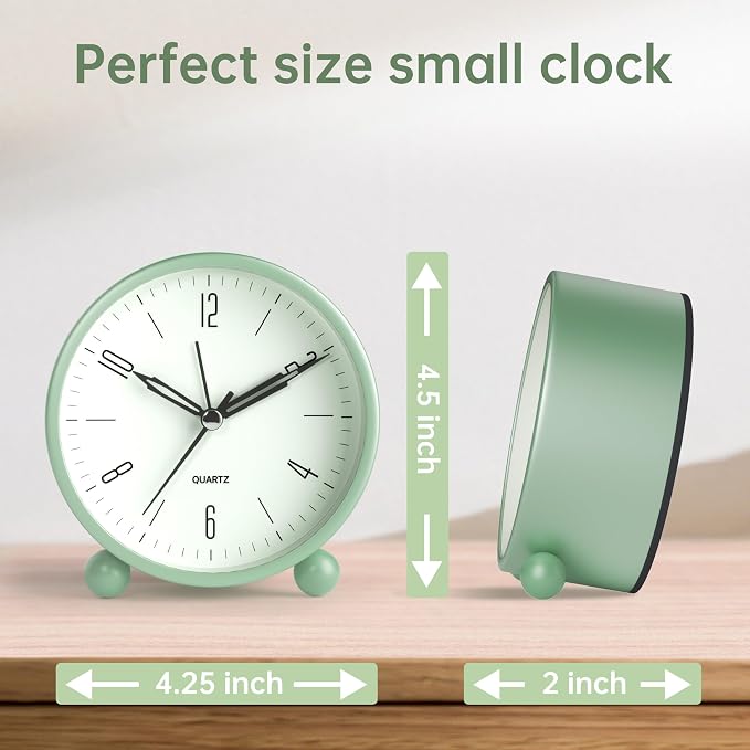 JALL Analog Alarm Clock, 4 inch Super Silent Non Ticking Small Clock with Night Light, Battery Operated, Simple Design, Old Fashioned Style Ideal Decor, for Bedroom, Bedside, Desk, Adult, Gift, Green