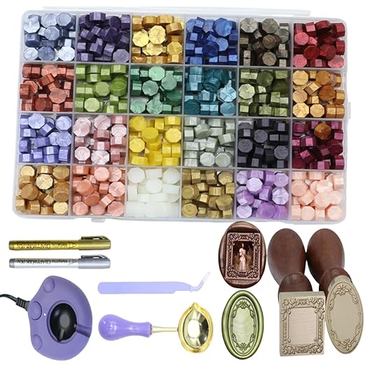 Frame Wax Seal Stemp Kit with 24 Colors Wax Seal Beads 624pcs， Electric WaxSeal Warmer, 3D Embossed Frame WaxSealStamp, Sealing WaxSpoon, WaxSeal Pen, Tweezer,WaxSeal Stamp kit (24B)