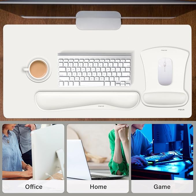 MOSISO Keyboard Mouse Pad Set, Large Gaming Mousepad&Keyboard Wrist Rest&Mouse Wrist Rest&Coaster, Ergonomic Non-Slip Mousepad&Easy Typing Cushion with Memory Foam for Home Office, Pearl White