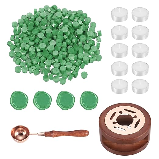 PATIKIL Wax Seal Kit, 300 Pcs Wax Sealing Beads, Wooden Warmer, Melted Spoon, 10 Pcs Tealight Candles for Envelope Letter Mailing Crafts DIY, Leaf Green