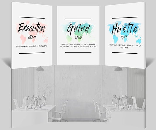Inspirational Wall Art, Office Pictures for Wall Decor, Motivational Quotes Canvas Wall Art for Men, Execution - Grind - Hustle Entrepreneur Quotes Framed Artwork for Home Workplace Decor 20”x30”x3Pcs