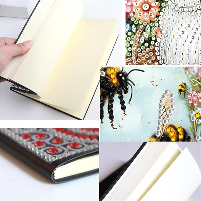 FRANDEK Diamond Art Painting Notebook Kit for Adults, Bee Flowers A5 PU DIY Journal with 50 Blank Pages, Crystal Rhinestone Beginner Craft Set with Full Tools, Gifts For Back To School Students