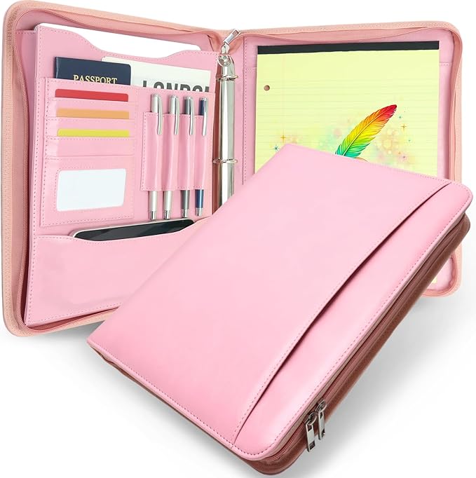 Faux Leather Zippered Padfolio with 3 Ring Binder, Executive Portfolio Organizer Binder for Women, Fits 13.9" Laptop/Tablet, Refillable Writing Pad Pocket, Pink