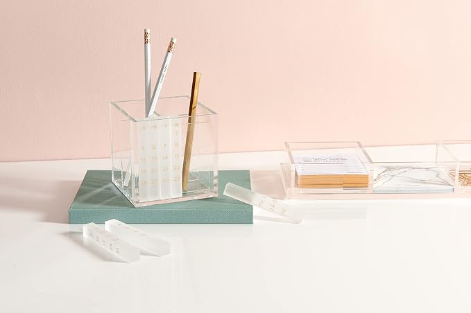 russell+hazel Acrylic Pen & Pencil Holder with Perpetual Calendar, Clear | Keeps pens & pencils handy beside a built-in perpetual calendar. Clear polished-edge acrylic in a stackable design.