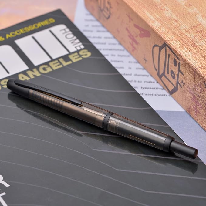 Jinhao 20 Press Fountain Pen, Transparent Black Retractable Medium Nib with Ink Converter Set (Black Clip)