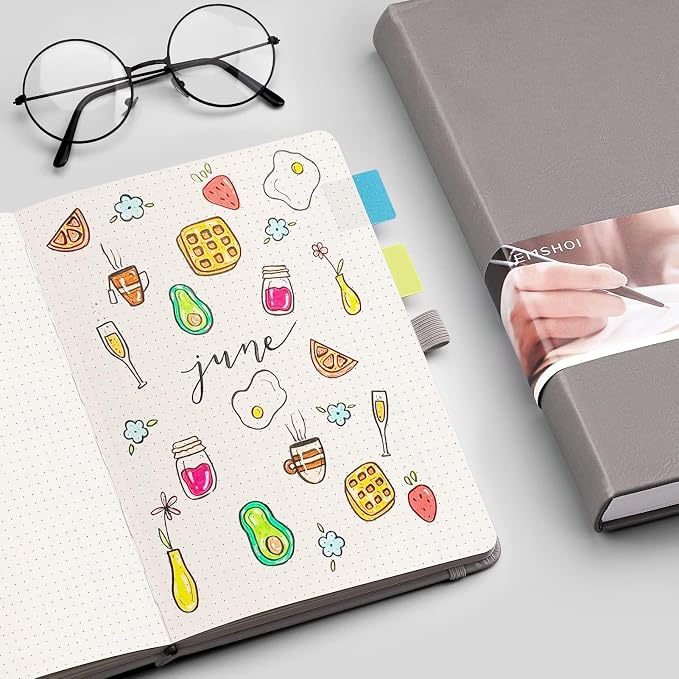 EMSHOI Dotted Journal Notebook, 256 Pages, 120 GSM Thick Paper, A5 Small 5.75"x8.38", PU Leather Hardcover, 5mm Dot Grid Notebook for Journaling, Planning, Drawing, Writing, Dark Grey