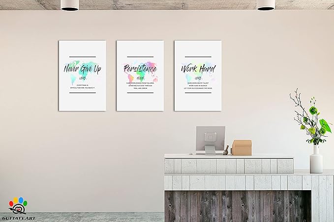 Inspirational Wall Art, Office Pictures for Wall Decor, Motivational Canvas Wall Art for Men, Never Give Up - Persistence - Work Hard Entrepreneur Quote Framed Artwork for Workplace Decor 24”x36”x3Pcs