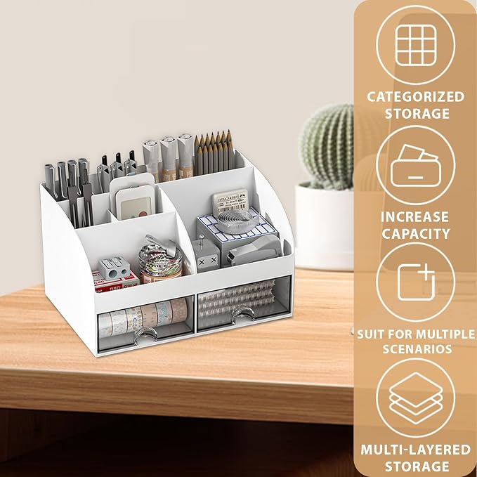Dfacio Desk Organizer, Desktop Organizers and Accessories with 6 Compartments and 2 Drawers, Aesthetic Desk Accessories for Home, Office, School, White