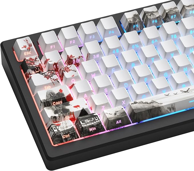 Womier PBT Keycaps Set 130 Keys, Custom White Japanese Keyboard Doubleshot Dye Sub Side Print Shine Through Keycaps 60 65 75 100 Percent, Cherry Profile, Cherry Blossom