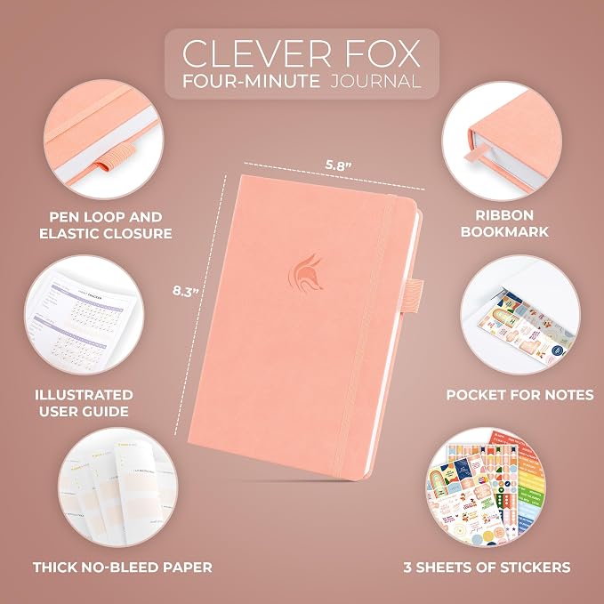 Clever Fox Four-Minute Journal – Daily Positivity Journal with Prompts – Motivational Affirmation, Mental Health & Habit Tracker (Light Pink)