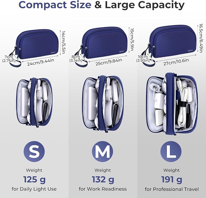 Skycase Travel Cable Organizer - Lightweight Water Resistant Dual-Layer Tech Pouch with Wrist Strap 9 Compartments Electronic Organizer Travel Case for Charger Cord Hard Drive,Small,Blue