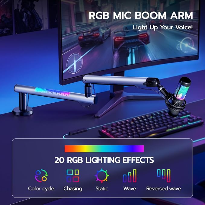 ARES WING Aluminum Low Profile Mic Arm with RGB Light, Adjustable Microphone Boom Arm with 4.4 lbs Load Capacity, 3/8” to 5/8” Screw Adapter, Desk Mount Mic Stand for Gaming Streaming Podcasting