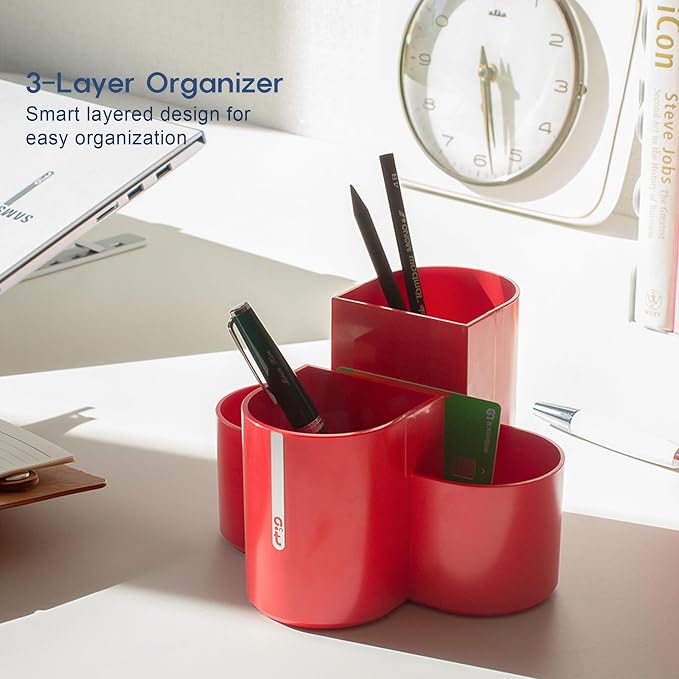 Aesthetic Desk Organizer [Modern Red] - Multi-Compartment Pen Holder & Remote Control Caddy, Modern Vanity Makeup Brush Organizer, Premium Stationery Storage (Made In Korea)