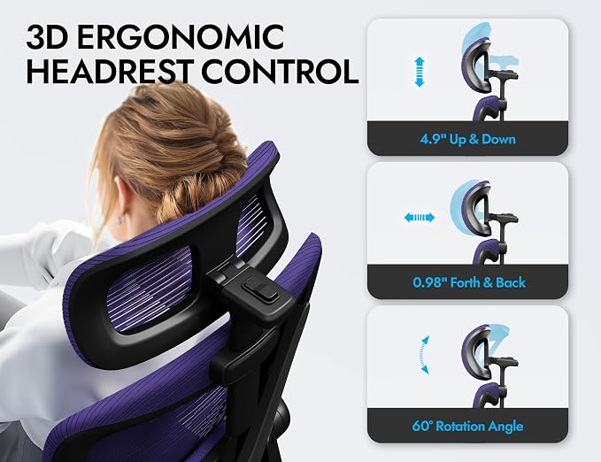 Ergonomic Office Chair: Mesh Desk Chair Comfy with Headrest& Lumbar Support | Ergalithic Big and Tall Office Chairs with Wheels & Flip-Up Arms-Computer Gaming Chairs for Adults Home Office(Purple)