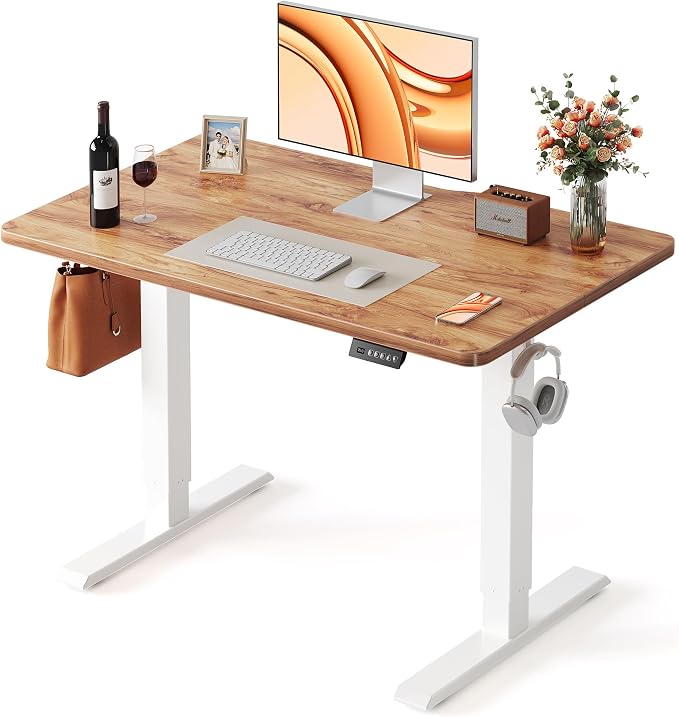 FEZIBO 40 x 24 Inchs Electric Standing Desk, Height Adjustable, Sit Stand Up, Computer Office Desk with Splice Board, White Frame/Light Rustic Top
