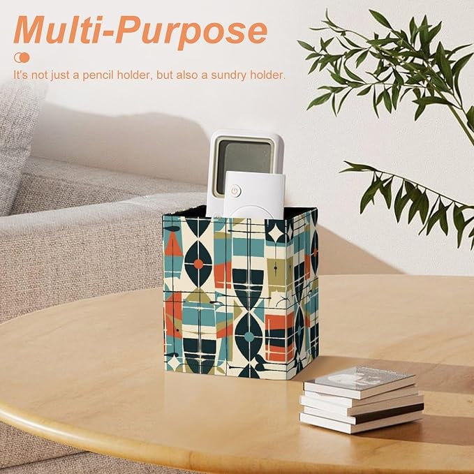 Modern Mid Century Pen Holder Office Supplies for Desk Storage | Smooth PU Leather Pencil Cup Case, Square Desk Organizer, for Pen Remote Brush Stationery Office Supplies Daily Essentials