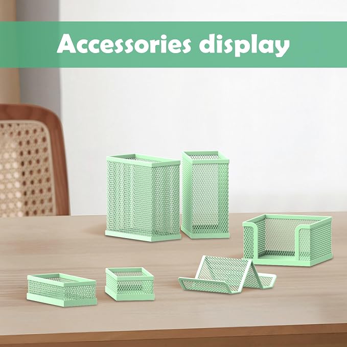 Pen Holder for Desk, 6-Piece Mesh Desk Organizer with Phone Holder, Green | 6-Piece Black Mesh Desk Set Includes Pen Cups, a Sticky Note Caddy and Phone Holder for Office, School, Home