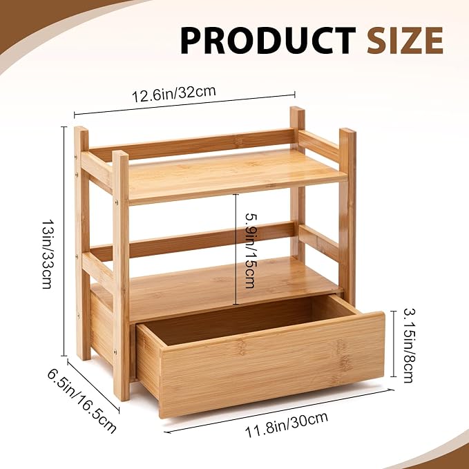 2 Tier Matcha Station Bamboo Organizer with Hidden Drawer, Wood Home Coffee Station Organizer for Kitchen Countertops, Coffee Bars, Kitchen & Office Storage(13 L x 6.5 W x 12.6 H)(Natural)