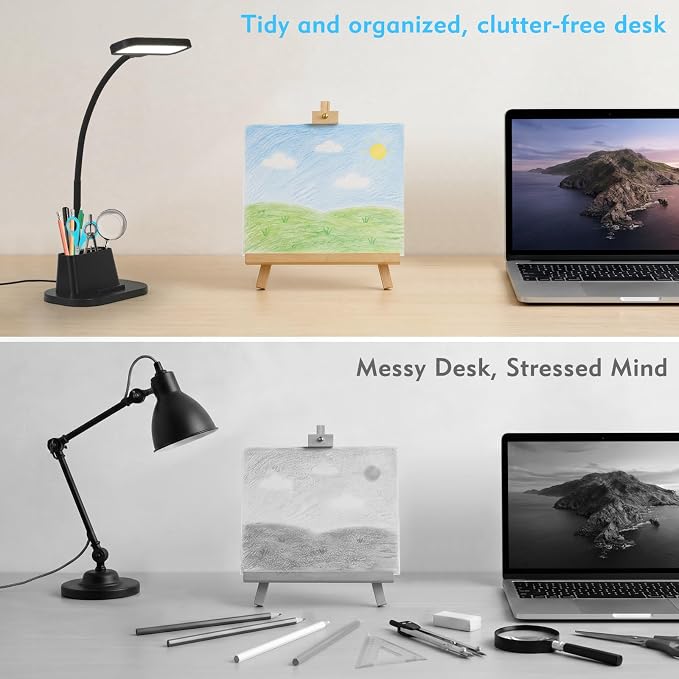 BOHON Desk Lamp for Home Office Reading Light with USB Charging Port Black | Small Desk Lamps with Pen Holder, 5 Color Modes 5 Brightness, Touch Gooseneck LED Table Lamp for Dorm Room Essentials Study