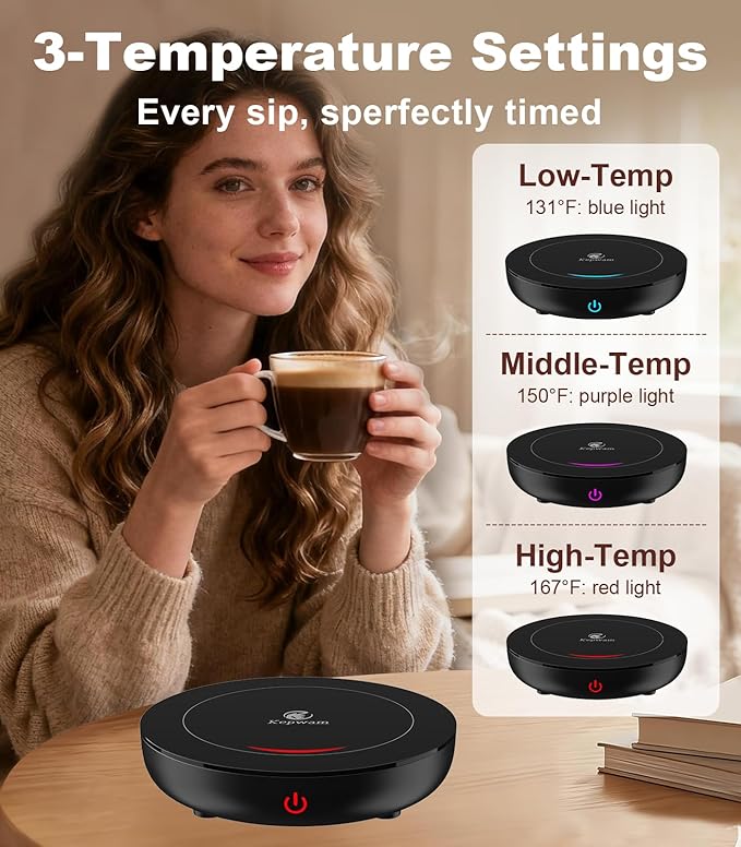 Kepwam Coffee Mug Warmer for Desk, 3-Temp Fast Heating Cup Warmer with 6H Auto Shut Off, LED Light & Smart Candle Warmer for All Beverages, Ideal Gifts for Women Men