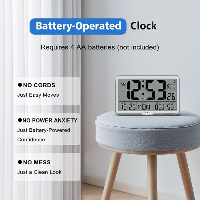 WallarGe Atomic Wall Clock with Backlight, Battery Operated | Large Digital Display, Indoor Temperature, Humidity, Date, AUTO DST, 6 Time Zones