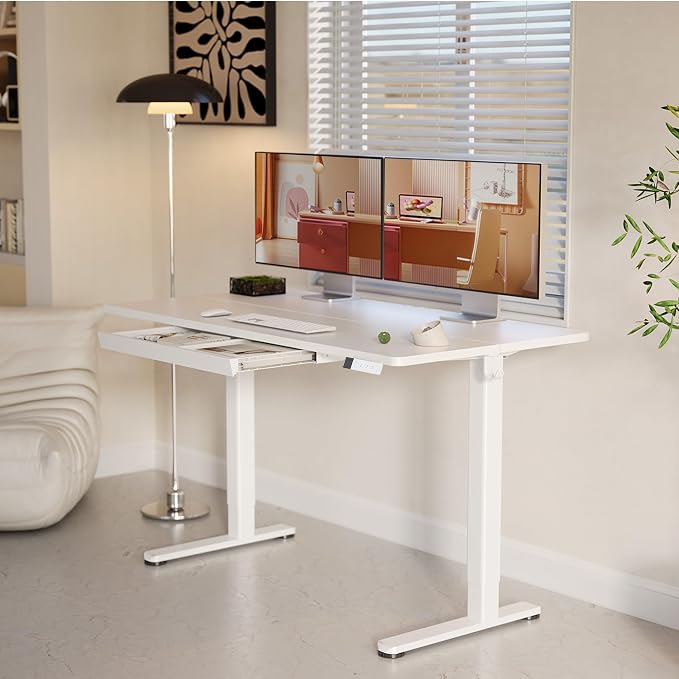 YDN Electric Standing Desk 55 x 24 Inch Adjustable Height with Drawer White | Industrial-grade steel frame supports 176Lbs, 28.3 to 46.5 inch height range, 3 memory presets, 45dB quiet motor