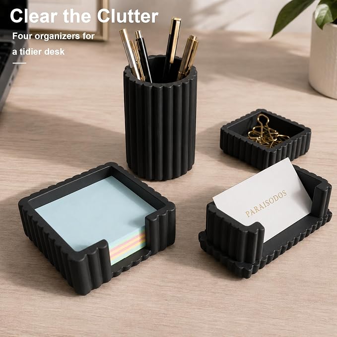 Concrete Desk Organizer Set of 4, Modern Desk Accessories, Black | Pen holder, Sticky note holder, Paper clip tray, Business card holder, Soft anti-slip pads, For home and office use