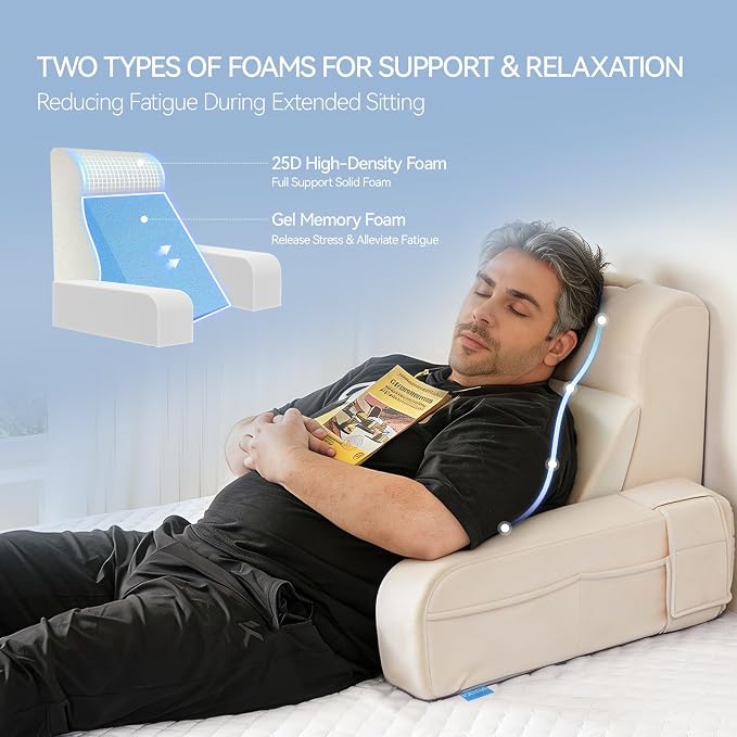 Kayfia Reading Pillow, Gel Memory Foam Back Rest Pillow, 21'', Ivory | 3 Storage Pockets, Dual-Use Back Leg Support Pillow, Detachable Armrests, Ideal for Reading, Gaming, Working on Bed & Couch