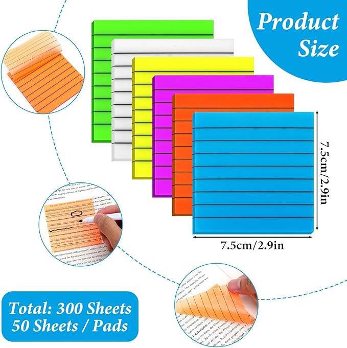 6 Pack Transparent Sticky Notes 300 Sheets 3x3 Inch Clear Sticky Notes with Lines Colorful Lined Post Note Reminder Tabs for Office Home College Meeting