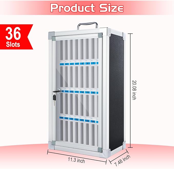 Amylove Cell Phone Locker Cabinet Aluminum Alloy Pocket Chart Storage Locker Box Cabinet Wall-Mounted Cell Phones Storage Box with Handle for Office Classroom Gym(Black,36 Slots)