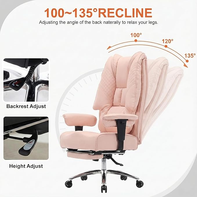 Big and Tall Office Chair 400lbs Wide Seat, Leather High Back Executive Office Chair with Foot Rest, Ergonomic Chairs Lumbar Support for Lower Back Pain Relief (Light Pink)