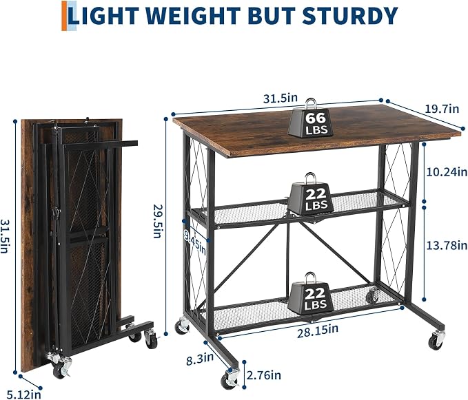 GarveeLife 31.5 inch 3Tier Foldable Desk with Wheels, Large Capacity Shelving Unit, Freestanding Metal Wire Shelf Rack, No Assembly Organizer Rack for Study Room,Kitchen,Living Room,Balcony
