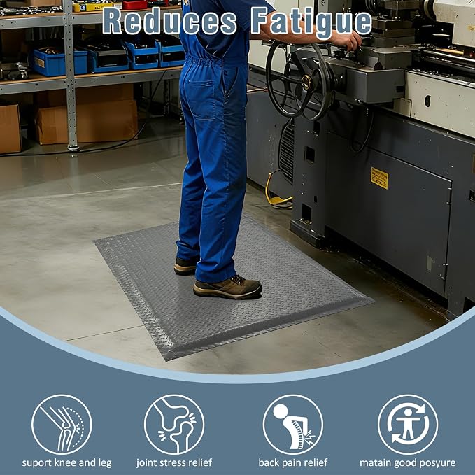 Anti Fatigue Mats Industrial 2' x 6' 15/16" Thick Ergonomic Standing Mat Commercial Kitchen Mat Heavy Duty Diamond Plate Shop Floor Mats Helps Relieve Back and Leg Soreness, Grey