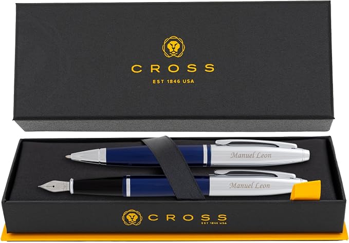 Cross Calais Engraved Ballpoint and Fountain Pen Set, Blue Lacquer with Chrome, Art Deco Design, Matching Engraving on Both Pens, Gift for Graduation, Writers, Career Advancement, Cross Gift Box