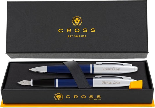 Cross Calais Engraved Ballpoint and Fountain Pen Set, Blue Lacquer with Chrome, Art Deco Design, Matching Engraving on Both Pens, Gift for Graduation, Writers, Career Advancement, Cross Gift Box