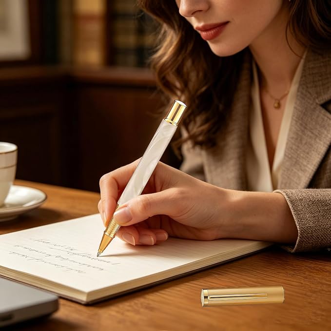 Luxury Rollerball Pen with Gold Trim, Elegant Resin Writing Instrument, Fine Point Black Ink Refill, Business Signature Pen with Metal Gift Box for Executive, Men, Women(White Ice River)