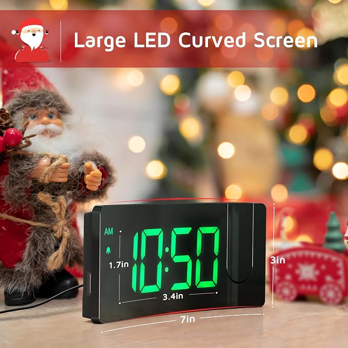 Projection Alarm Clock, Digital Clock with Modern Curved Design | 180° Rotatable Projector, 3-Level Brightness, Blue LED Display, Progressive Volume, 9mins Snooze, 12/24H, for Bedroom