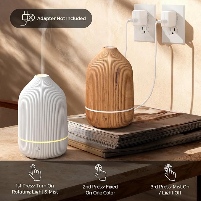 Essential Oil Diffuser, 100ml Aromatherapy Diffuser, Mini Ultrasonic Diffuser for Essential Oil, Home, Office, Cool Mist Humidifier with 7 Led Light, Auto Shut-Off, White
