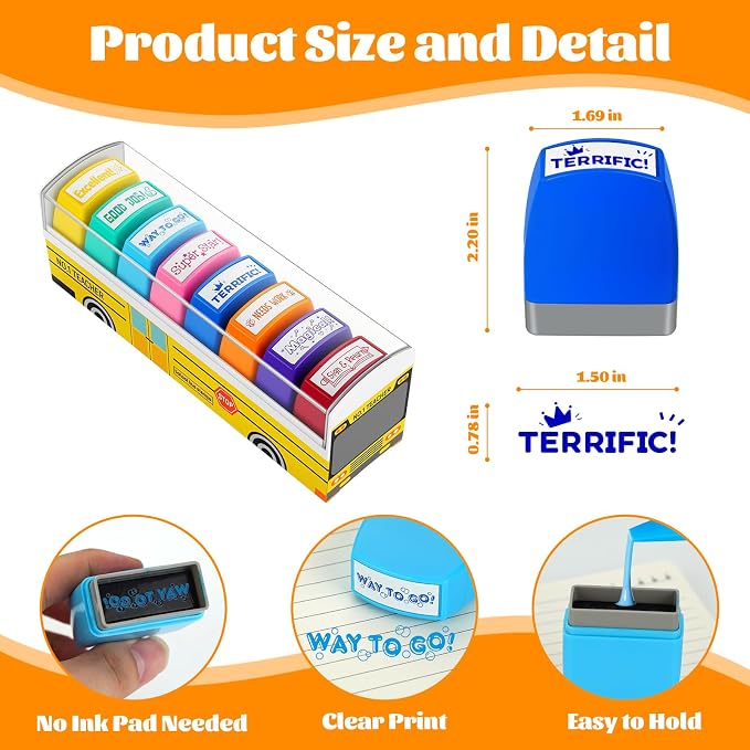 Teacher Stamps for Grading, Teacher Appreciation Gifts, School Bus Self Inking Teacher Stamps Set for Classroom, Back to School Supplies, Motivational Reward Stamps with Sign Return Good Job (8 Pcs)