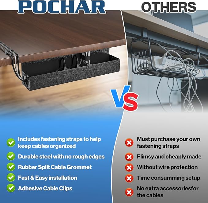 POCHAR Under Desk Cable Management Tray, 16.5" Extended Wire Organizer | Slim 3" Profile Steel Power Strip Holder, Screw-Mount Cord Hider for Wide Standing Desk Home Office