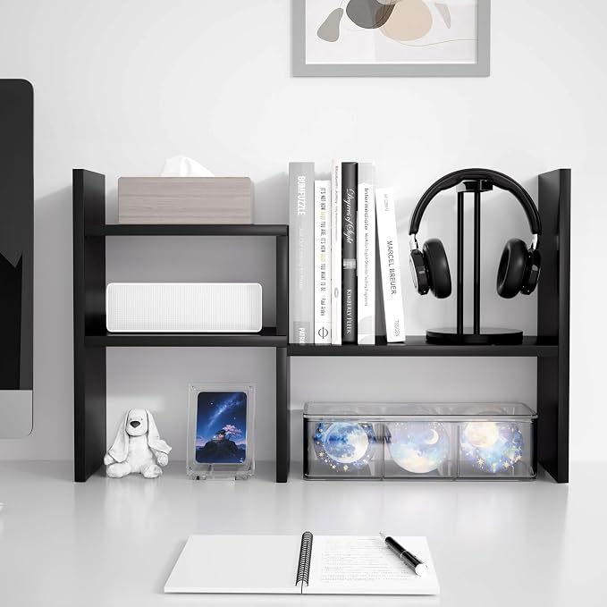 Jerry & Maggie Adjustable Rotatable Wood Desktop Display Shelf Black | Wooden Desk Organizer, Cute Dorm & Cubicle Decor. Stores Makeup & Mini Plants, Space-Saving Storage for Small College Rooms