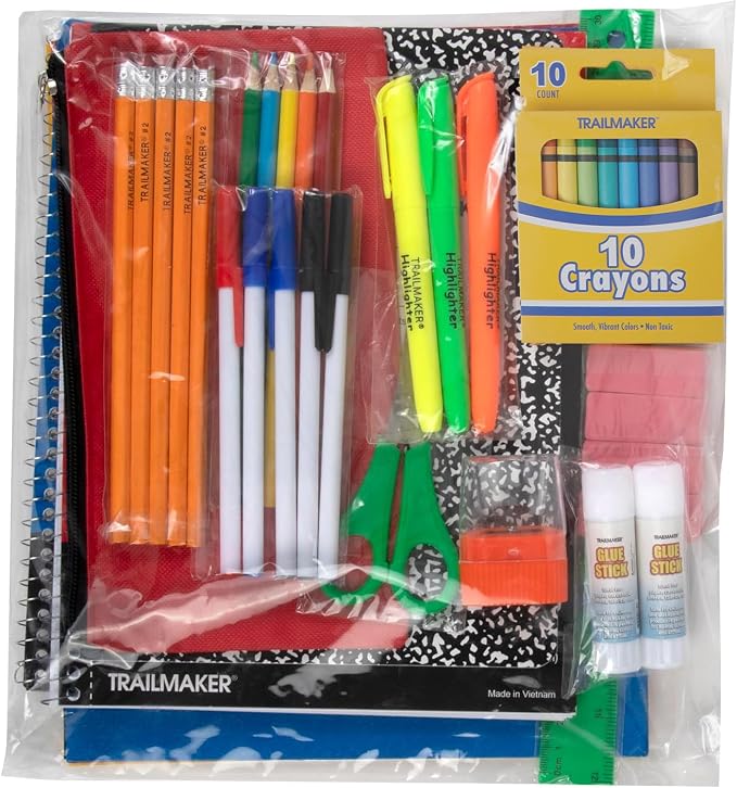 Trailmaker 12 Pack Bulk School Supply Kits | 45 Piece Classroom Supply Sets for Elementary & Middle School | Notebooks, Pencils, Crayons & Essentials | Back to School Supply Kit for Students All in One Set