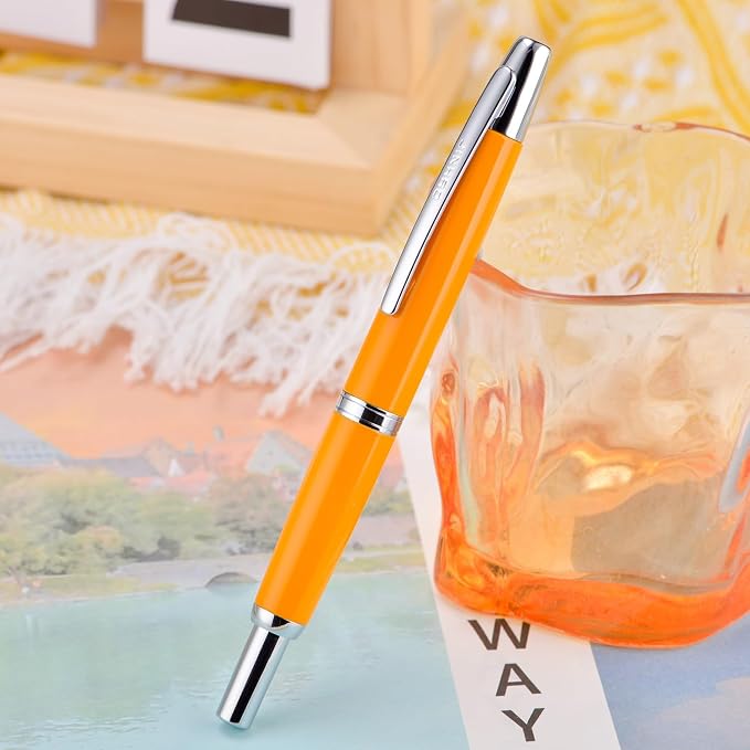 Jinhao 10 Press Fountain Pen with Box, Orange Retractable Fine Nib with Converter Set (Silver Clip)