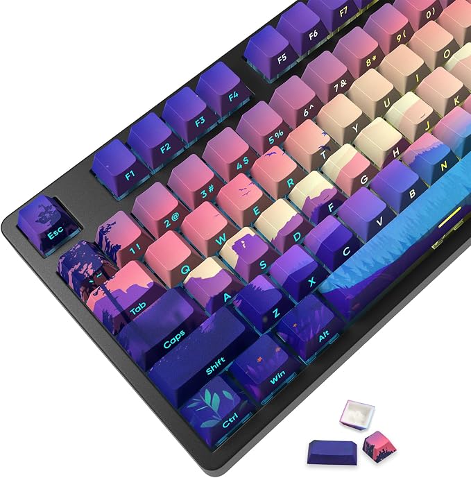 JSJT PBT Keycaps Side-Printed Translucent Keycap,Multi-Coloured Style Shine Through Custom Key Caps,124 Keys Cherry Profile Keycap Set for Cherry MX Switches Mechanical Keyboards