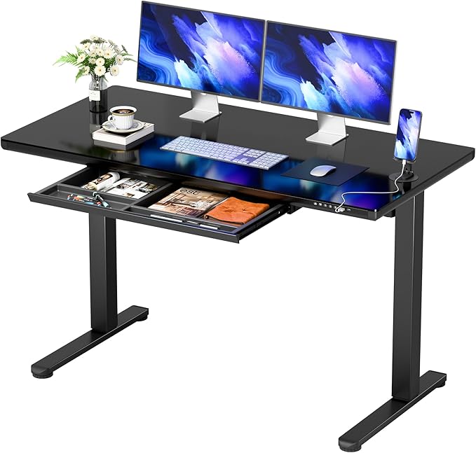 YESHOMY Electric Standing Desk with Tempered Glass Top, 47.2" Height Adjustable Desk with Partitioned Drawer & USB/Type-C Ports, Sit Stand Desk for Home Office, Black