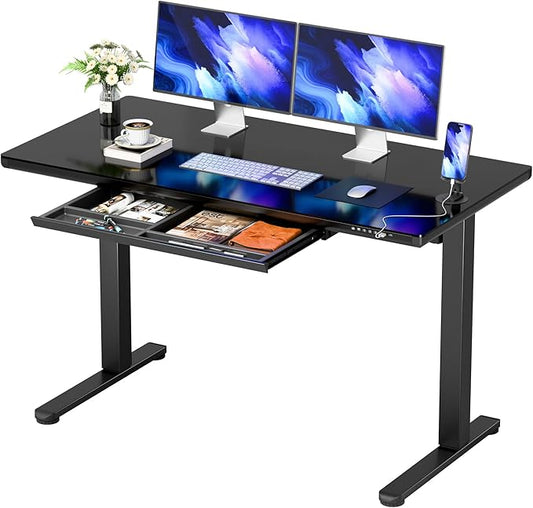 YESHOMY Electric Standing Desk with Tempered Glass Top, 47.2" Height Adjustable Desk with Partitioned Drawer & USB/Type-C Ports, Sit Stand Desk for Home Office, Black